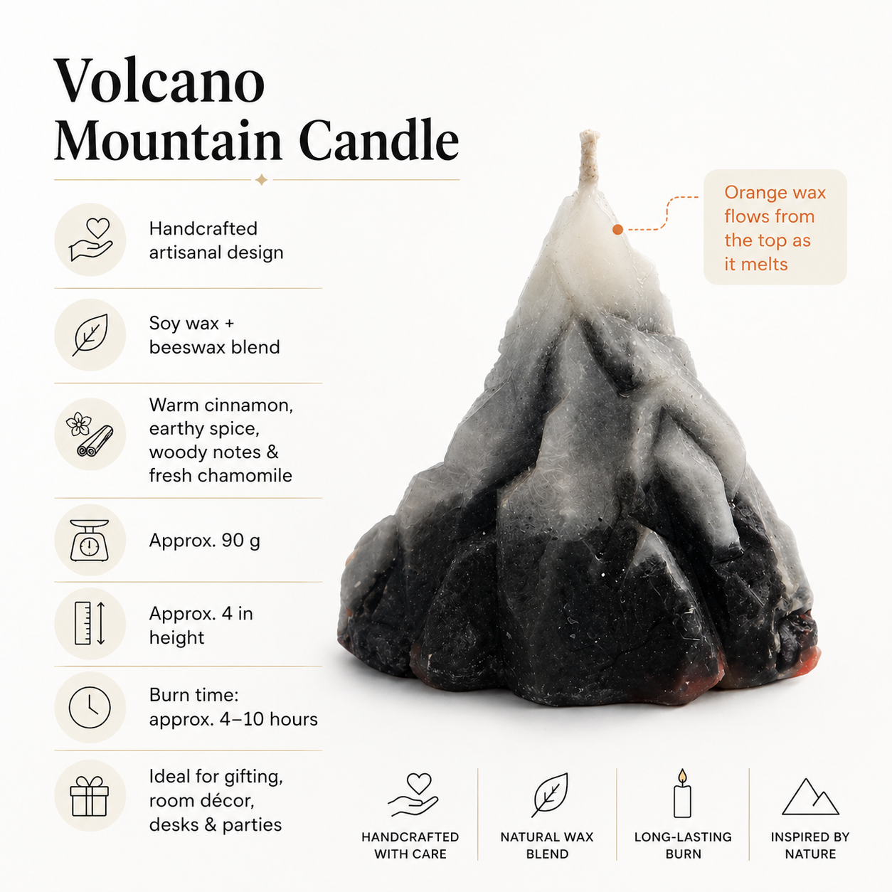 Volcano mountain candle by lume and co. with product details on a white background