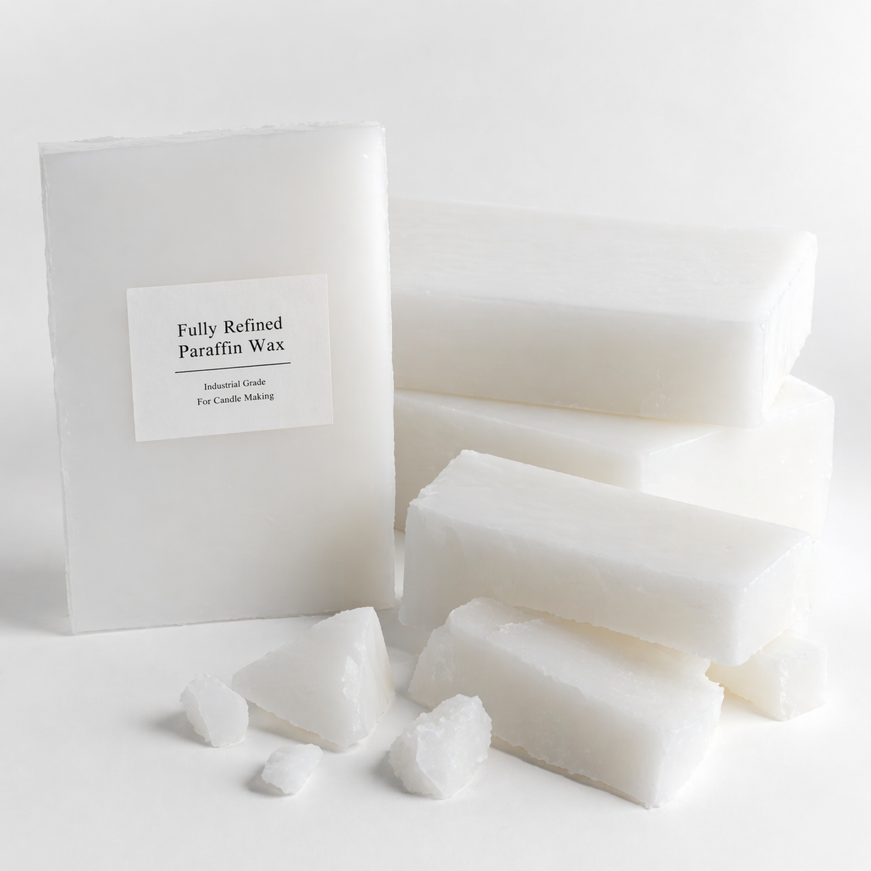 White fully refined paraffin wax slab with broken wax pieces for candle making, decorative candles and bulk wax production