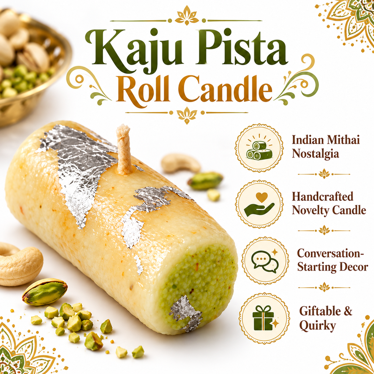 Kaju Pista Roll candle gift-ready pack visual with cashew pistachio mithai-inspired wax roll by Lume & Co.