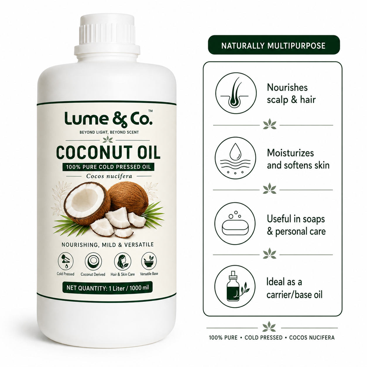 Lume & Co. 100 Natural Coconut Cold Pressed Oil | Pure Natural Coconut Oil for Food, Skin, Hair, Soap & DIY Formulations