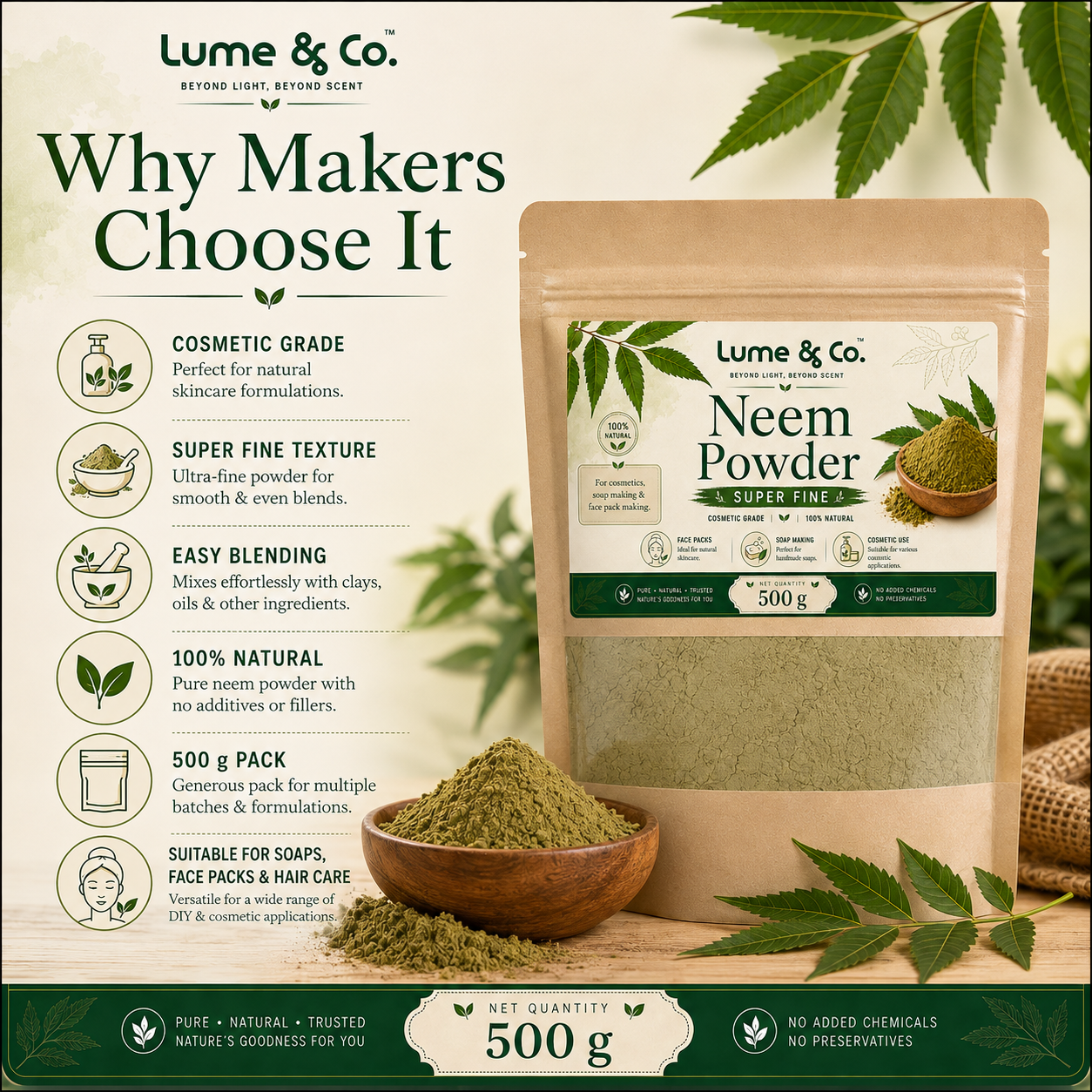 Natural Neem Fully Refined Powder 500gms - Cosmetic Grade fir Soaps, Hair, Skin DIY