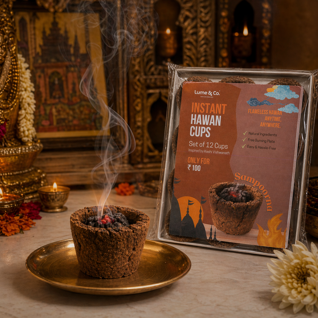 Sampoorna Instant Hawan Cup burning on brass pooja plate in a traditional temple setting, natural ritual smoke for pooja room, meditation, home cleansing, spiritual ambience and devotional fragrance during daily prayers and festive rituals