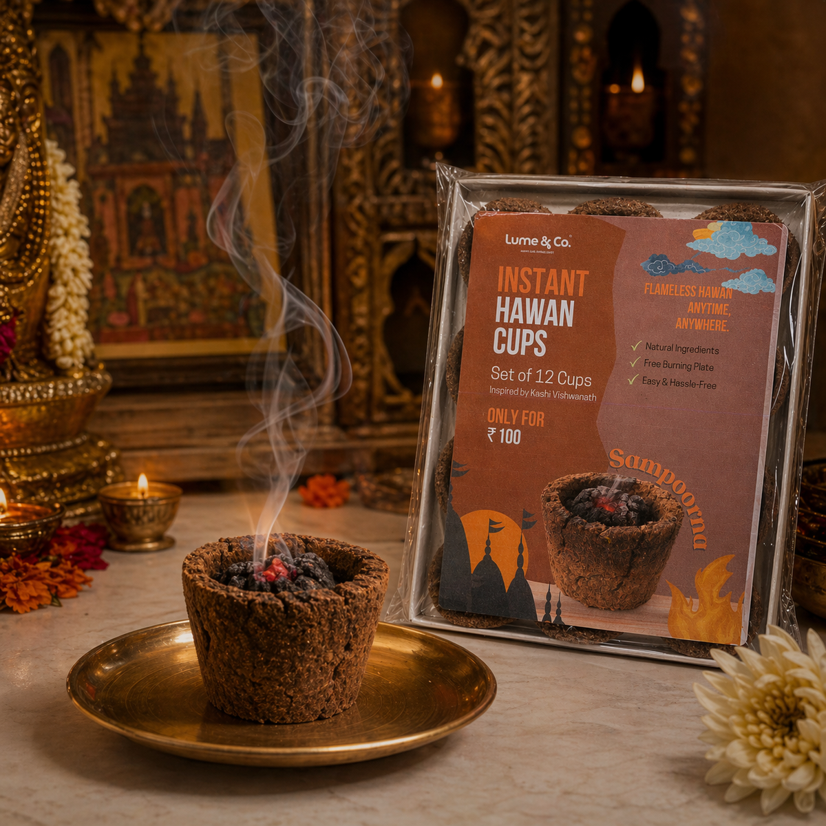 Sampoorna Instant Hawan Cup burning on brass pooja plate in a traditional temple setting, natural ritual smoke for pooja room, meditation, home cleansing, spiritual ambience and devotional fragrance during daily prayers and festive rituals