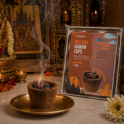 Sampoorna Instant Hawan Cup burning on brass pooja plate in a traditional temple setting, natural ritual smoke for pooja room, meditation, home cleansing, spiritual ambience and devotional fragrance during daily prayers and festive rituals