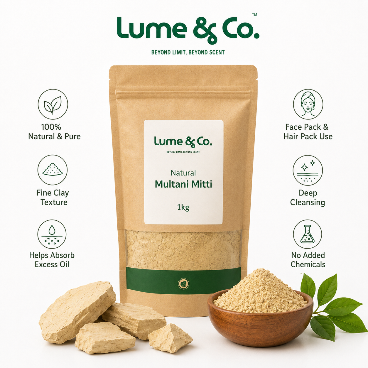 Lume & Co. Natural Multani Mitti packaging with product and benefits displayed.