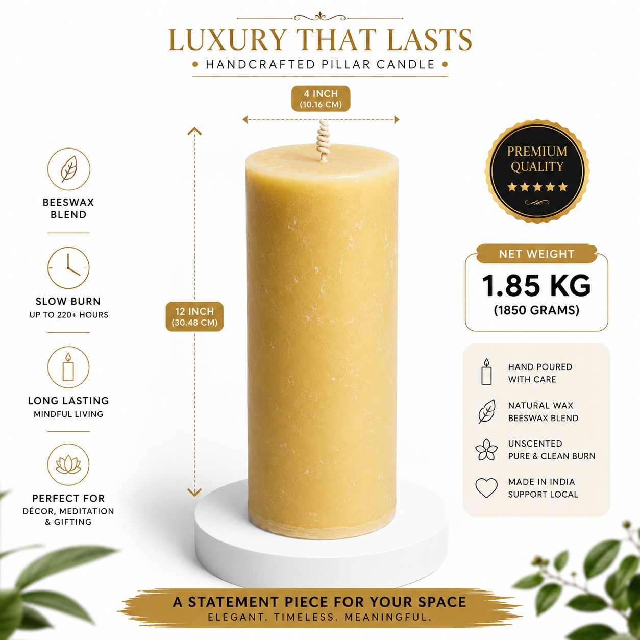 Luxury Ivory Natural Beeswax Pillar Candle | 4×12 Inch | Long Burn upto 280 hrs |
