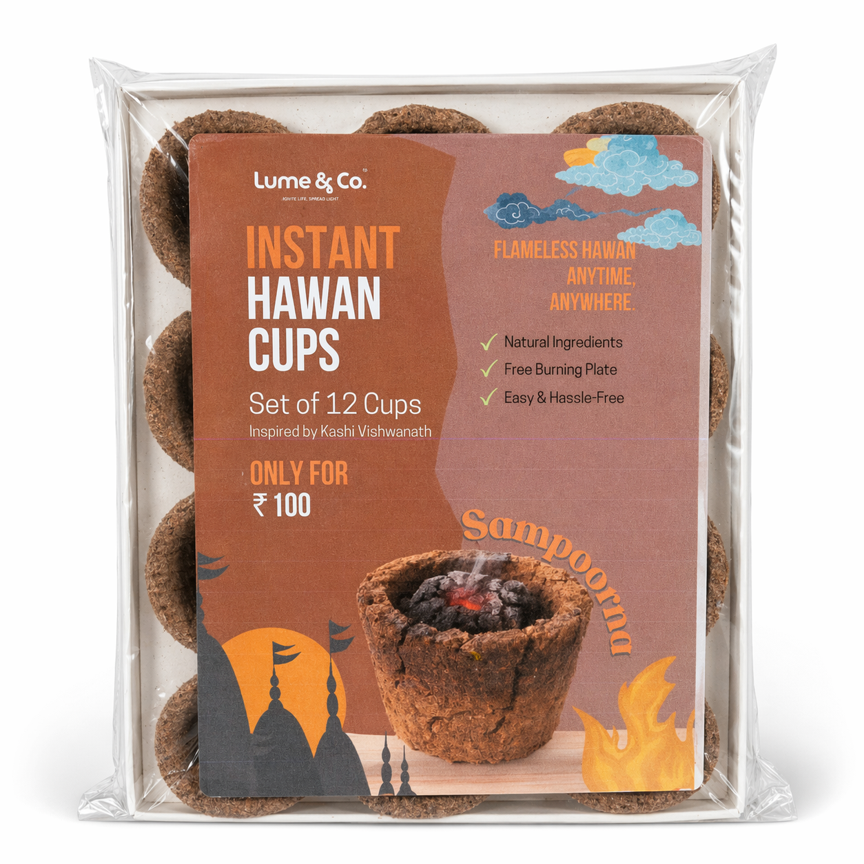 Lume & Co. Sampoorna Instant Hawan Cups set of 12 in transparent pack, natural hawan cups inspired by Kashi Vishwanath for daily pooja, havan rituals, home cleansing and spiritual fragrance, with free burning plate and easy hassle-free use