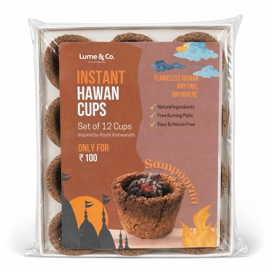 Lume & Co. Sampoorna Instant Hawan Cups set of 12 in transparent pack, natural hawan cups inspired by Kashi Vishwanath for daily pooja, havan rituals, home cleansing and spiritual fragrance, with free burning plate and easy hassle-free use
