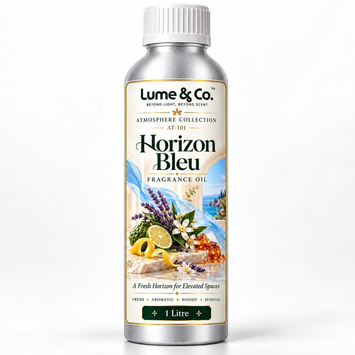 A 1 litre silver metal bottle of Lumé & Co. Horizon Bleu fragrance oil, featuring a white ribbed cap and a detailed label with lemon, lavender, and scenic illustrations, set against a plain white background.