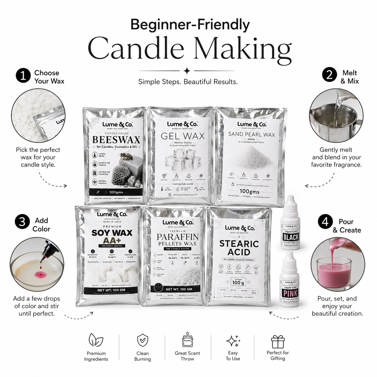 Candle Wax Trial Pack for Beginners – 5 Waxes + Stearic Acid + 2 Colours