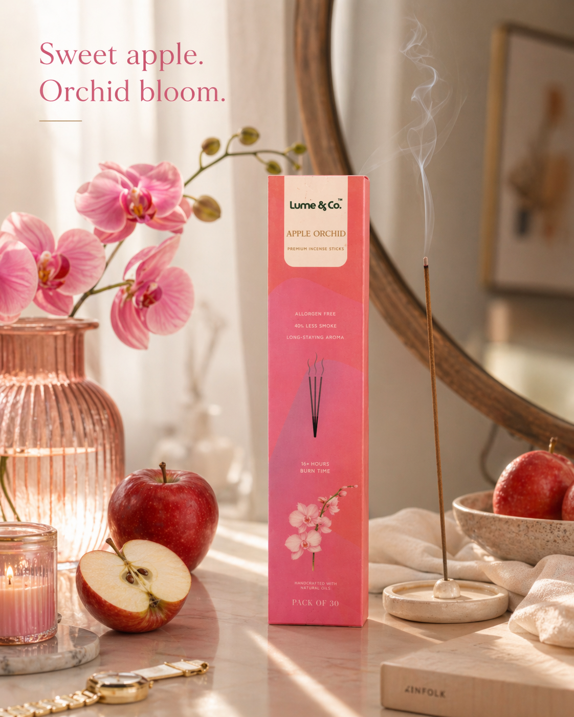 Apfel-Orchideen-Räucherstäbchen – Packung mit 30 Stück | Premium-Duft für Zuhause | Packung mit 30 Stück | Lume & Co.