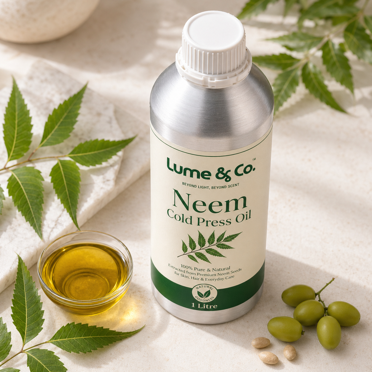 Lume & Co. 100 Natürliches kaltgepresstes Neemöl | Pures natürliches Neemöl für Haut, Haar, Seife & DIY-Formulierungen