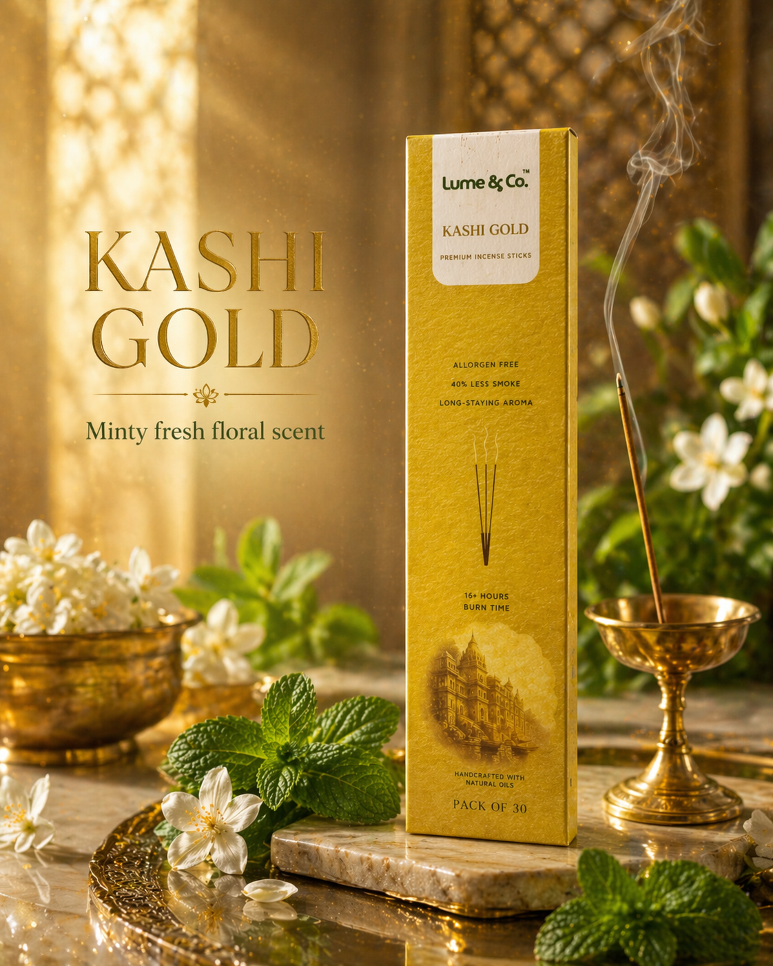Kashi Gold Räucherstäbchen – Heiliger Blumenduft inspiriert von den Ghats von Varanasi | Premium Langzeitbrenner Agarbatti – 30er Pack