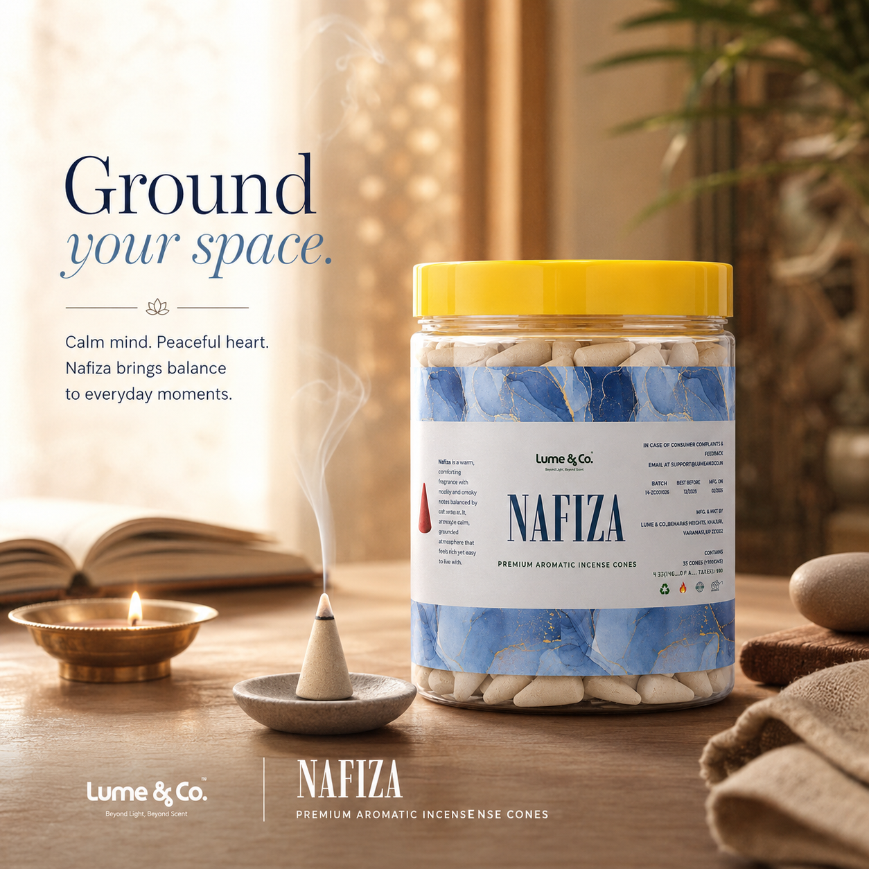 Nafiza Premium Dhoop Cones Jar | Smoky Musk & Floral Incense Cones for Pooja, Meditation & Home Fragrance | Lume & Co.™
