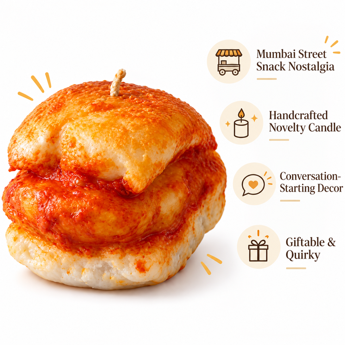 Handmade Mumbai Masala Vada Pav candle in realistic street food design – unique scented Blue Daybreak or unscented gift
