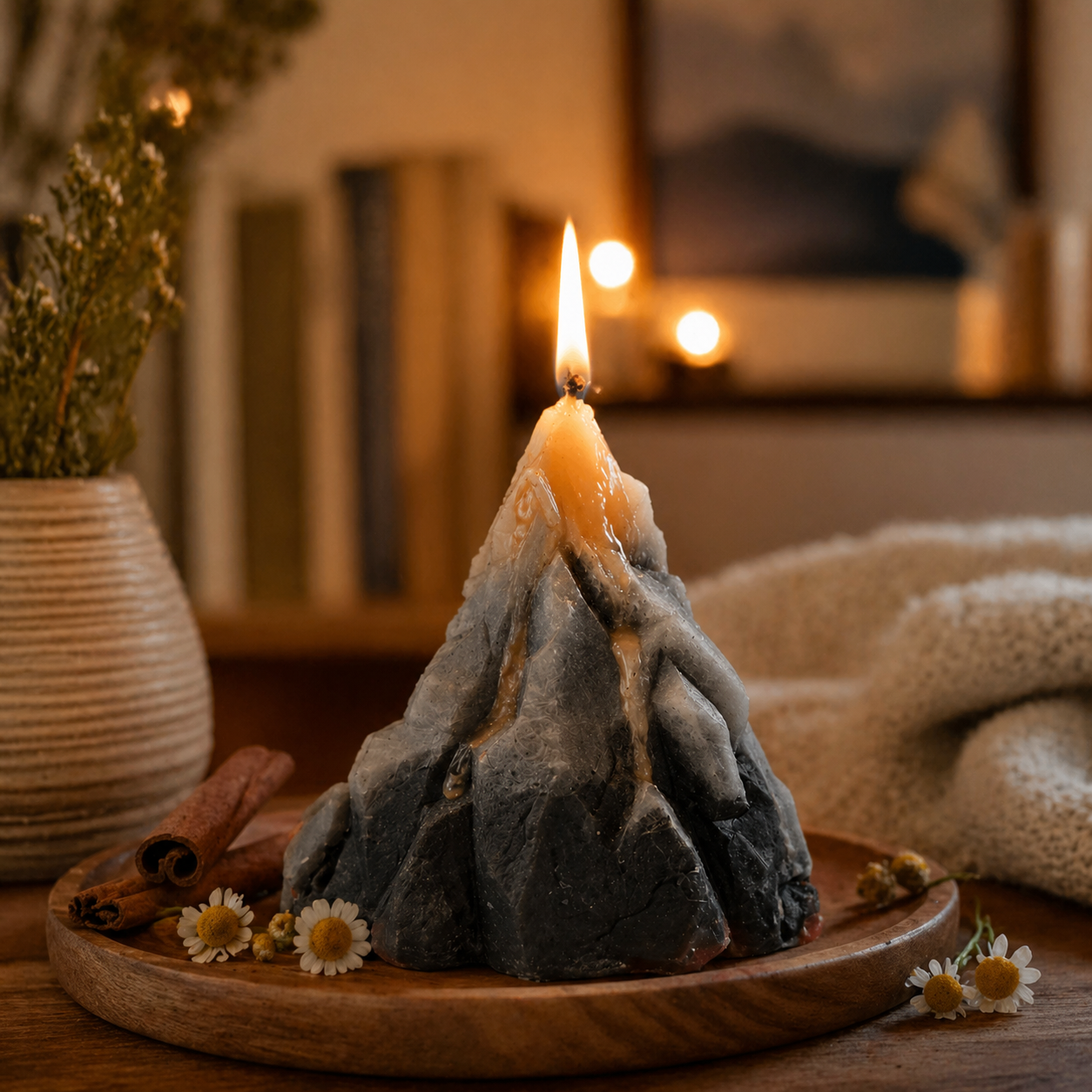 Candle in a rock-like holder on a wooden surface with a cozy indoor background.