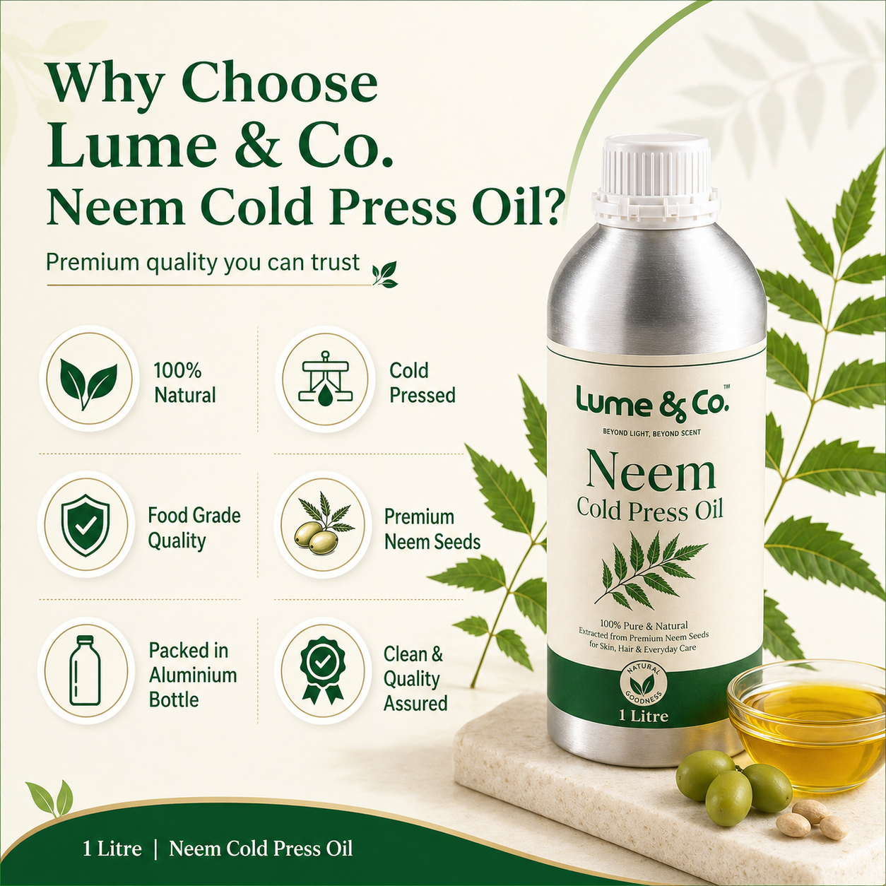Lume & Co. 100 Natürliches kaltgepresstes Neemöl | Pures natürliches Neemöl für Haut, Haar, Seife & DIY-Formulierungen