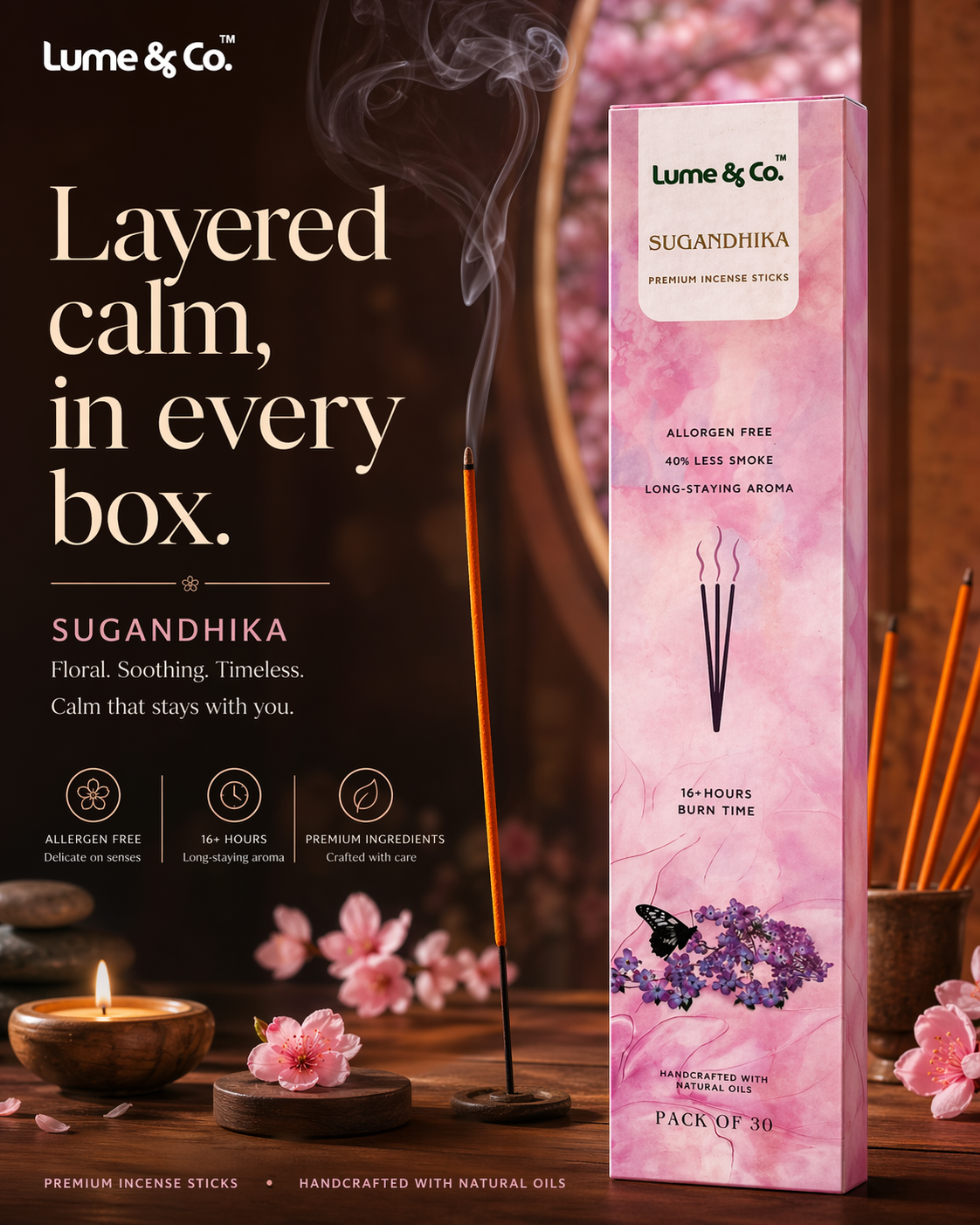 Lume & Co. Sugandhika Premium Räucherstäbchen (30er-Pack) | Lang anhaltender blumig-holziger Duft