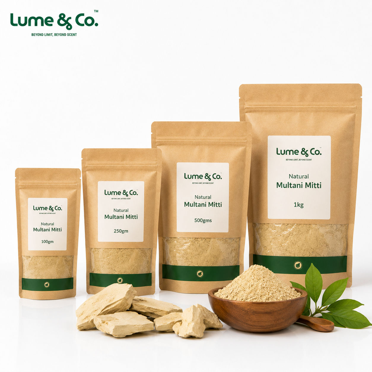 Lume & Co. packaging of Natural Multani Mitti with different quantities on a white background.