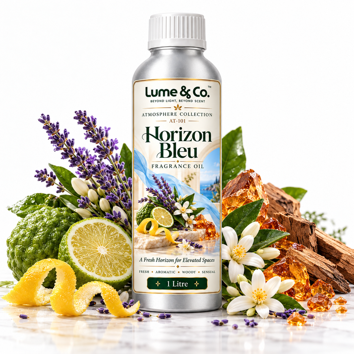 A 1 litre bottle of Lume & Co. Horizon Bleu fragrance oil, styled with fresh citrus, lavender, white flowers, and amber resin crystals on a white background.
