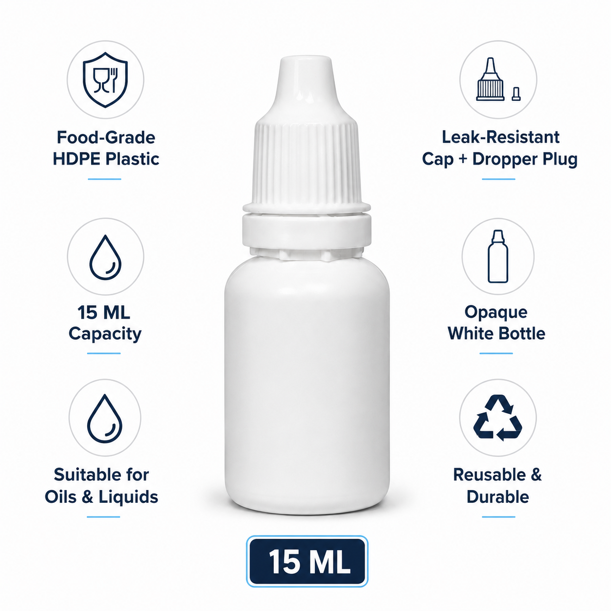 15ml HDPE Dropper Bottles with Plug & Cap – White, Food Grade Plastic | For oil, color, liquid storage