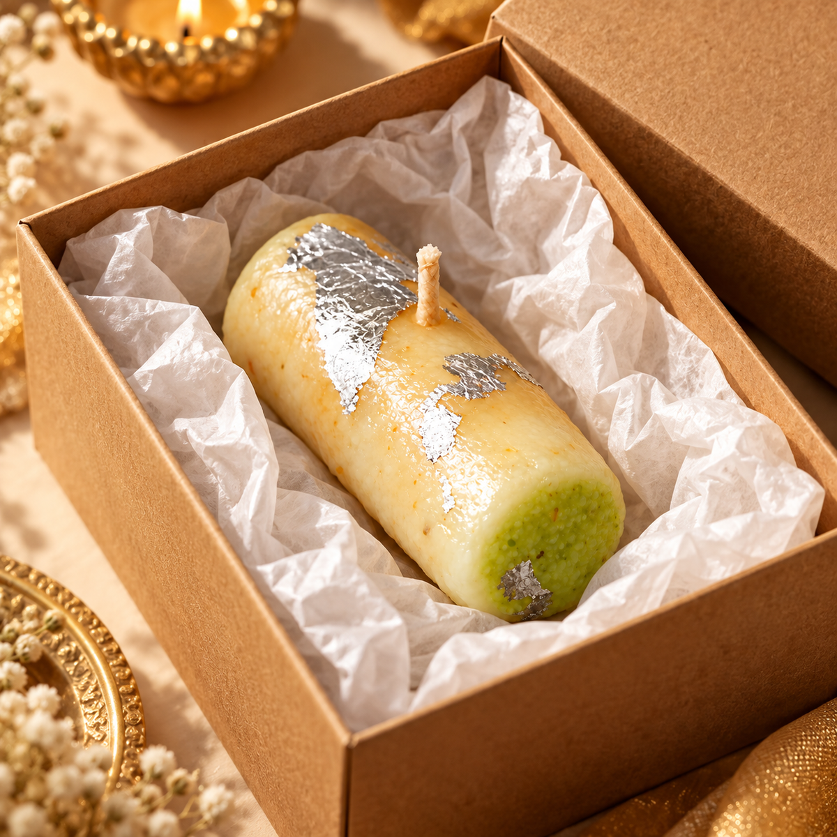 Handmade Kaju Pista Roll novelty candle, ivory cashew coloured roll with green pistachio end and decorative silver varak