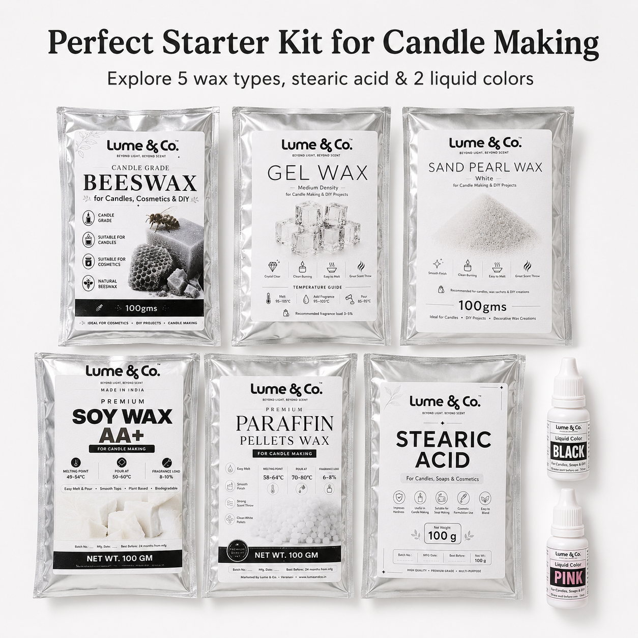 Candle Wax Trial Pack for Beginners – 5 Waxes + Stearic Acid + 2 Colours
