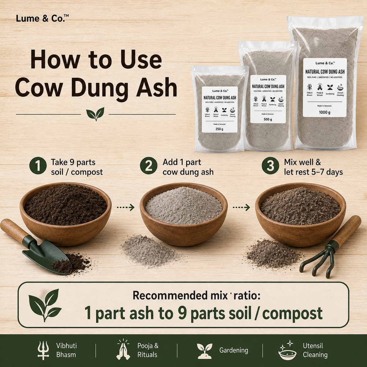 Natural Cow Dung Ash Powder for Vibhuti Bhasm, Pooja, Rituals, Gardening & Utensil Cleaning