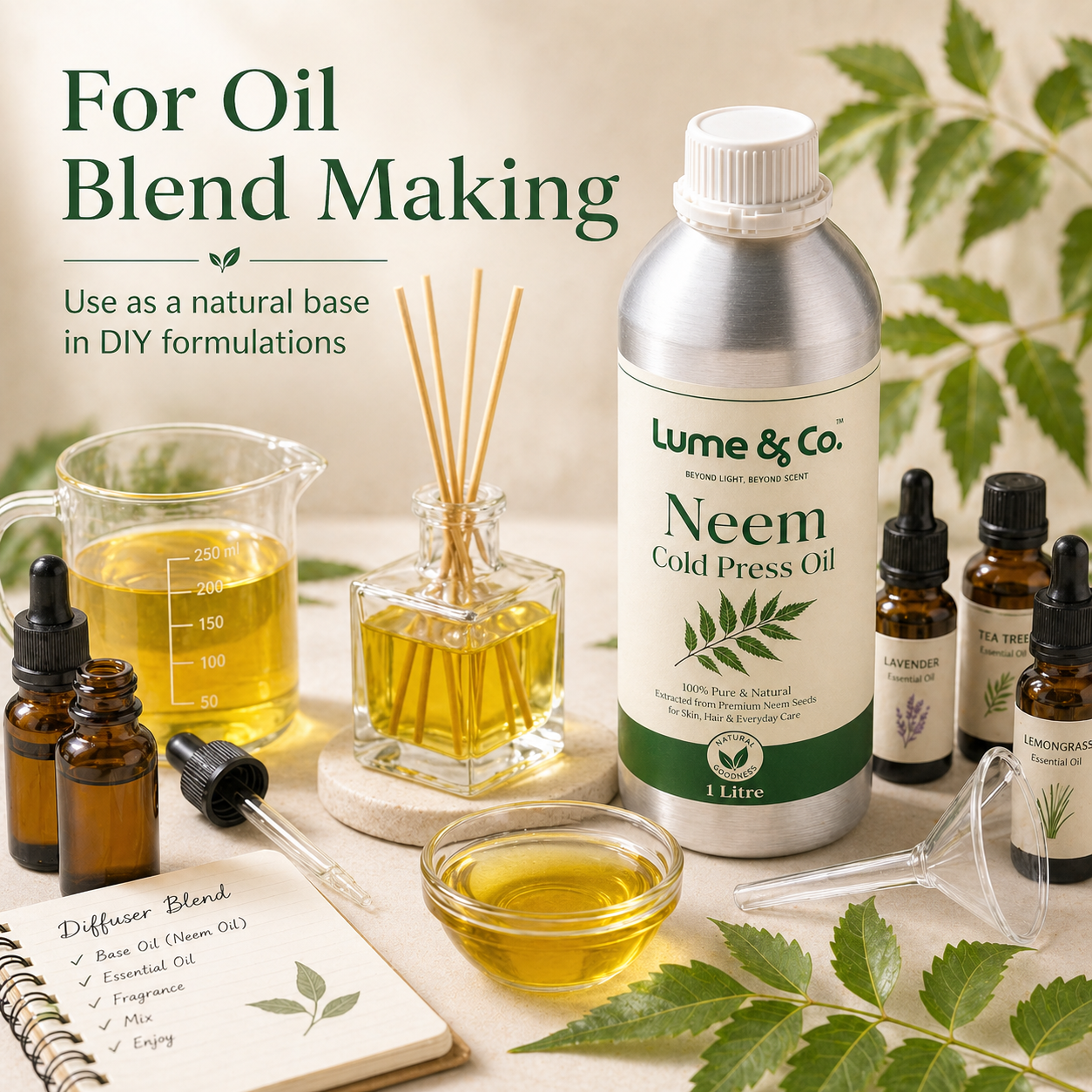 Lume & Co. 100 Natürliches kaltgepresstes Neemöl | Pures natürliches Neemöl für Haut, Haar, Seife & DIY-Formulierungen