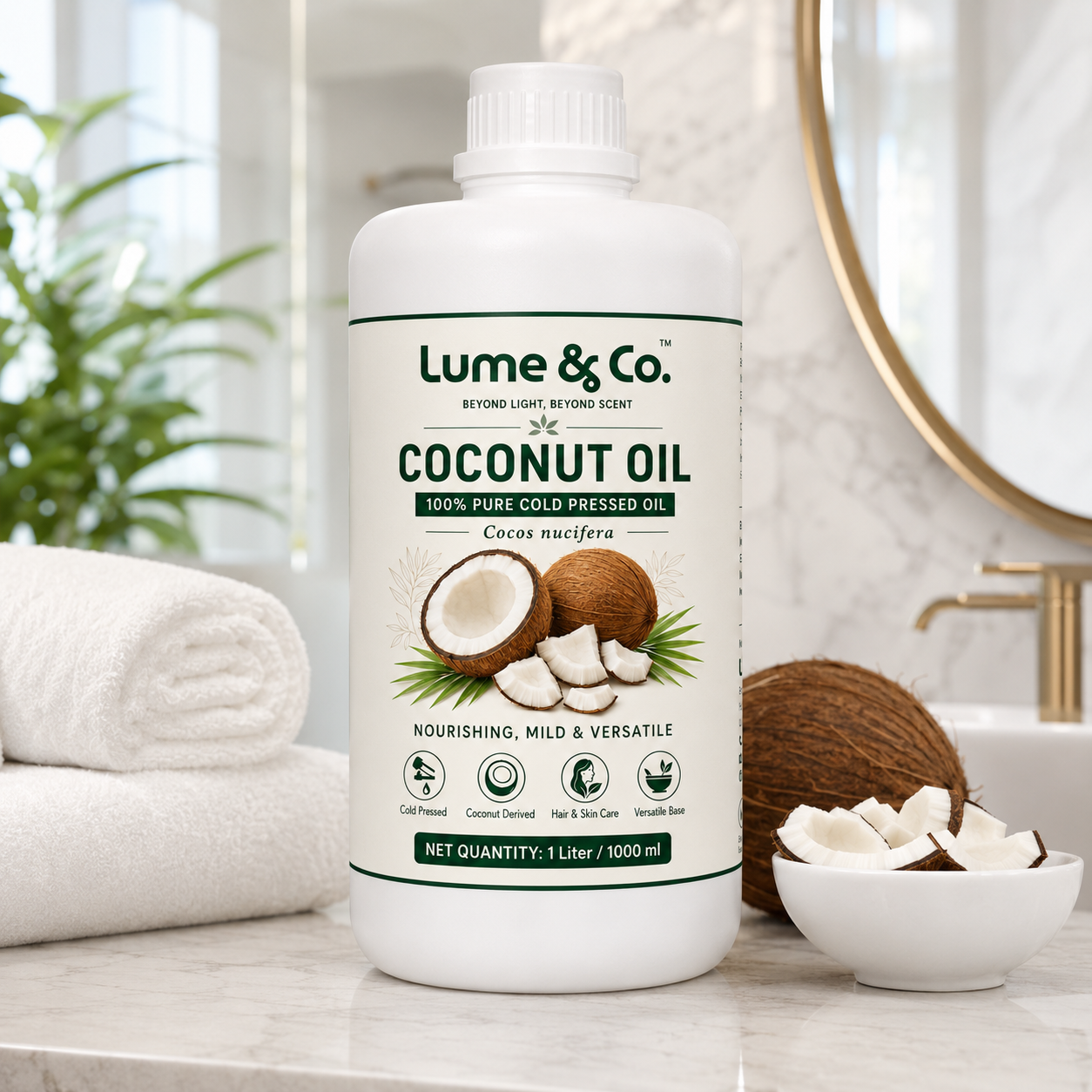 Lume & Co. 100 Natural Coconut Cold Pressed Oil | Pure Natural Coconut Oil for Food, Skin, Hair, Soap & DIY Formulations