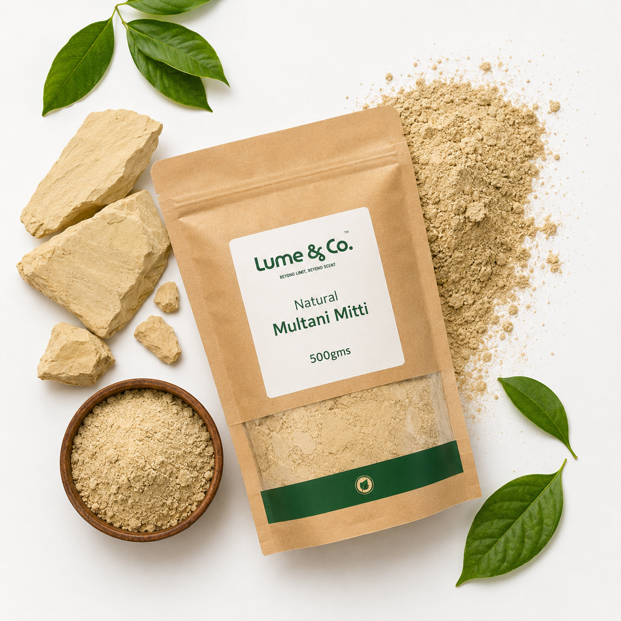 Lume & Co. Multani Mitti packaging with natural ingredients on a white background