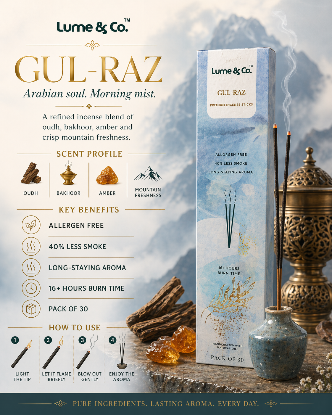 Gul-Raz 線香 | 30本入り | 高級フレグランス＆ハンドメイド | ルーメ＆カンパニー
