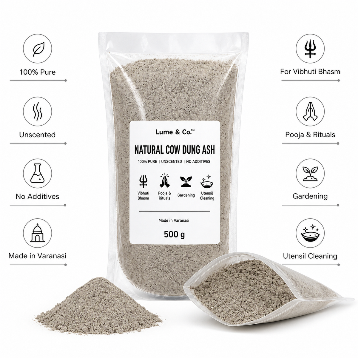 Natural Cow Dung Ash Powder for Vibhuti Bhasm, Pooja, Rituals, Gardening & Utensil Cleaning