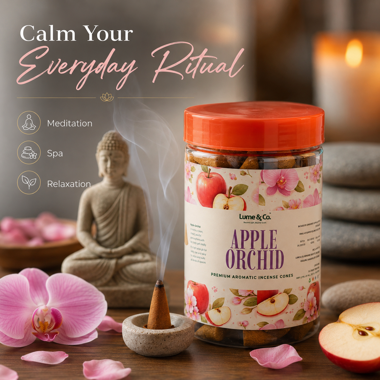 Apple Orchid Dhoop Cones Jar | Fruity Floral Incense Cones for Pooja, Meditation & Home Fragrance | Lume & Co.