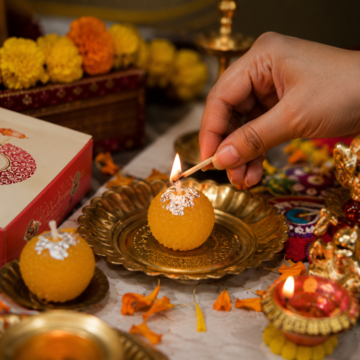 Scented Motichoor Ladoo Candle Gift Box | Premium Laddu-Shaped Decorative Candles for Diwali, Pooja, Wedding & Hamper Gifts