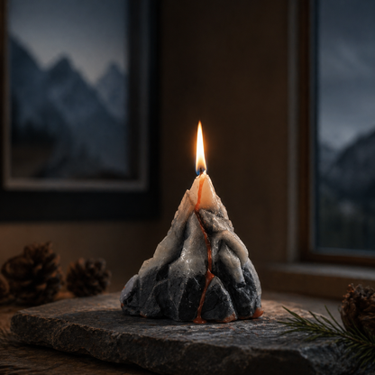 Rock-like candle with a flame on a dark background