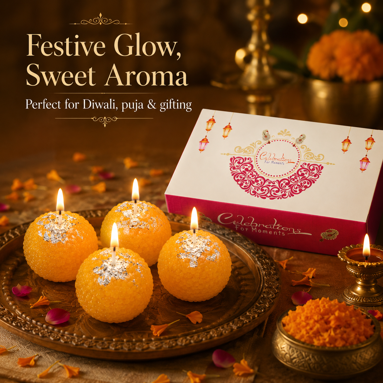 Scented Motichoor Ladoo Candle Gift Box | Premium Laddu-Shaped Decorative Candles for Diwali, Pooja, Wedding & Hamper Gifts