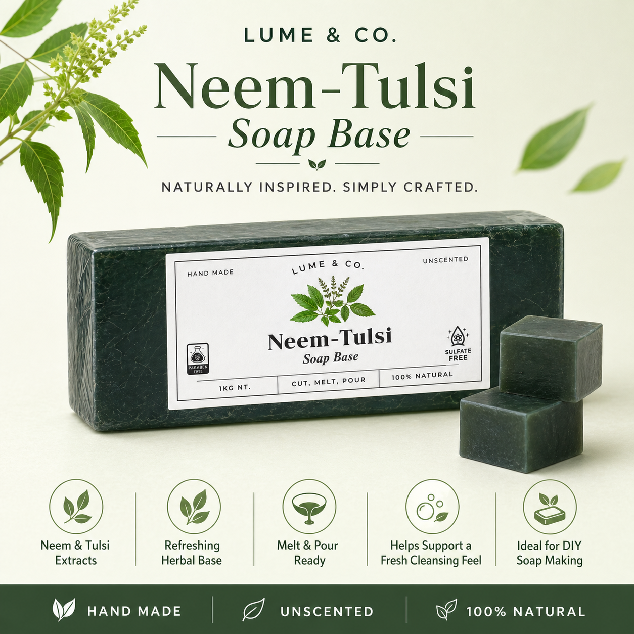Neem Tulsi Soap Base 1kg | Melt & Pour Herbal Soap Base | DIY for Handmade Soaps | No SLS/SLES/Paraben