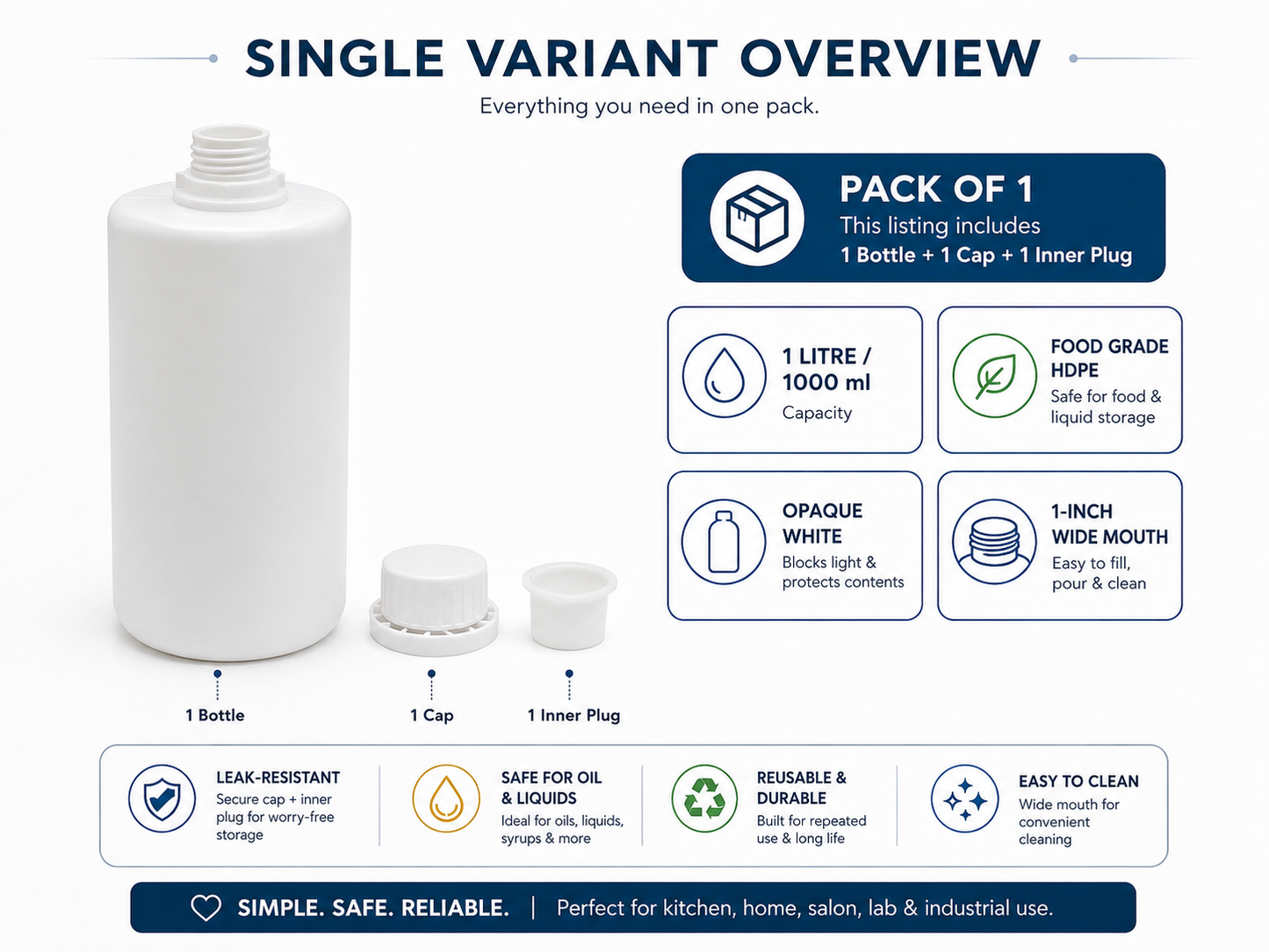 1 Litre HDPE Plastic Bottle with Inner Plug & Cap – Food Grade, White