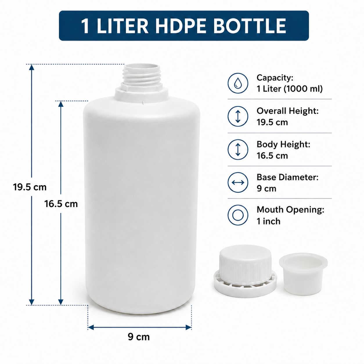 1 Litre HDPE Plastic Bottle with Inner Plug & Cap – Food Grade, White