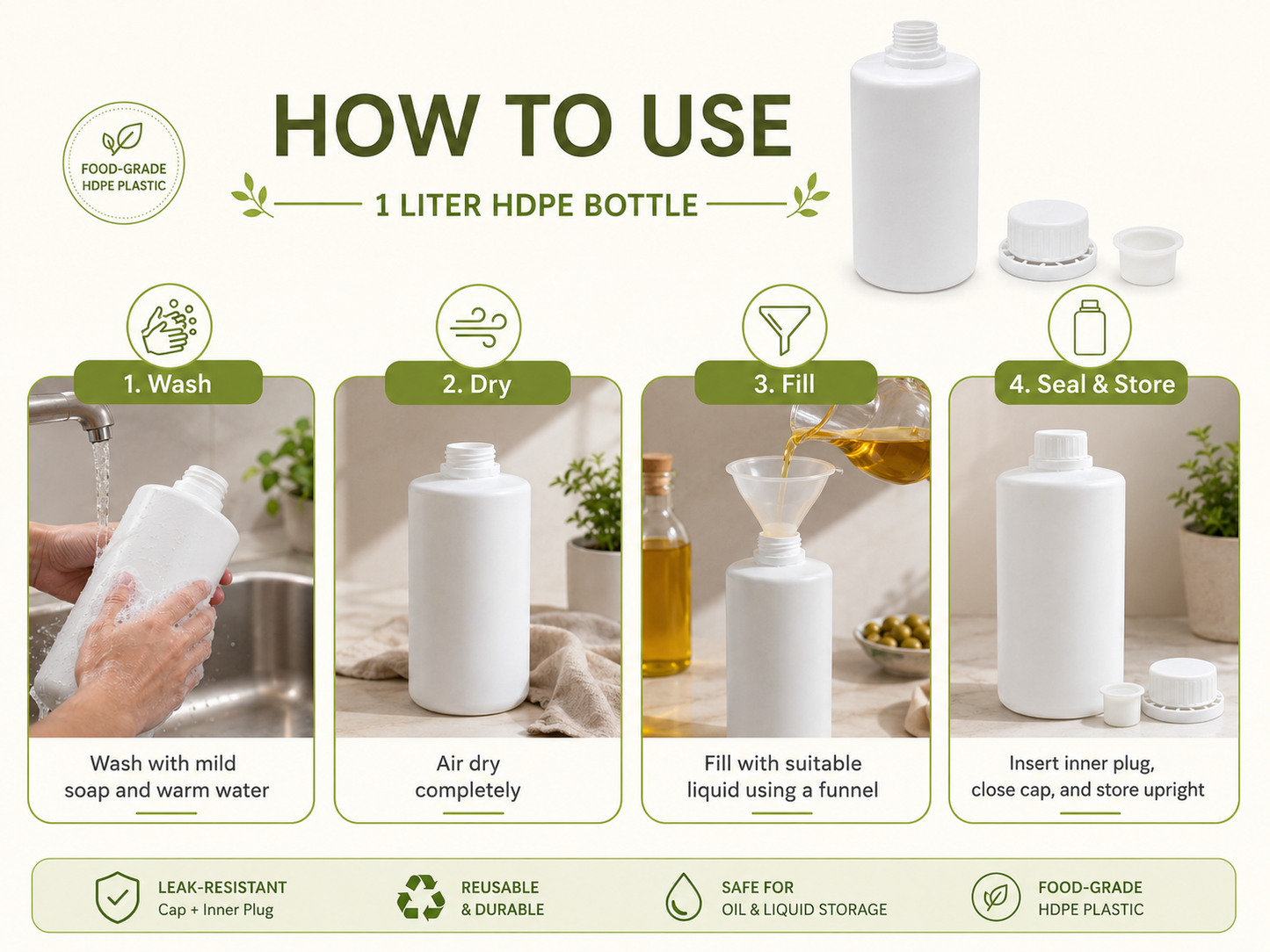 1 Litre HDPE Plastic Bottle with Inner Plug & Cap – Food Grade, White