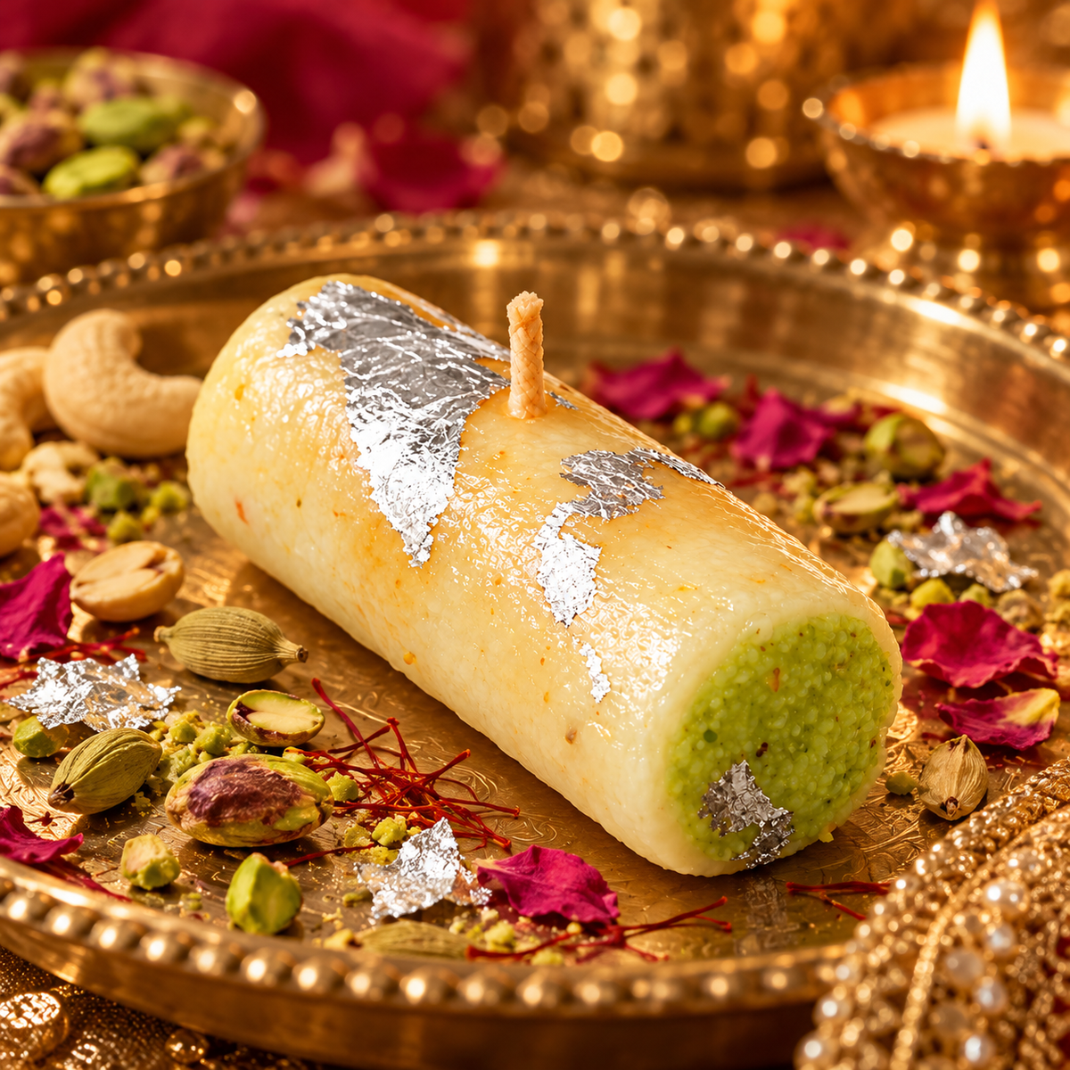 Kaju Pista Roll scented wax candle inspired by Indian cashew pistachio mithai, luxury festive gift inspiration