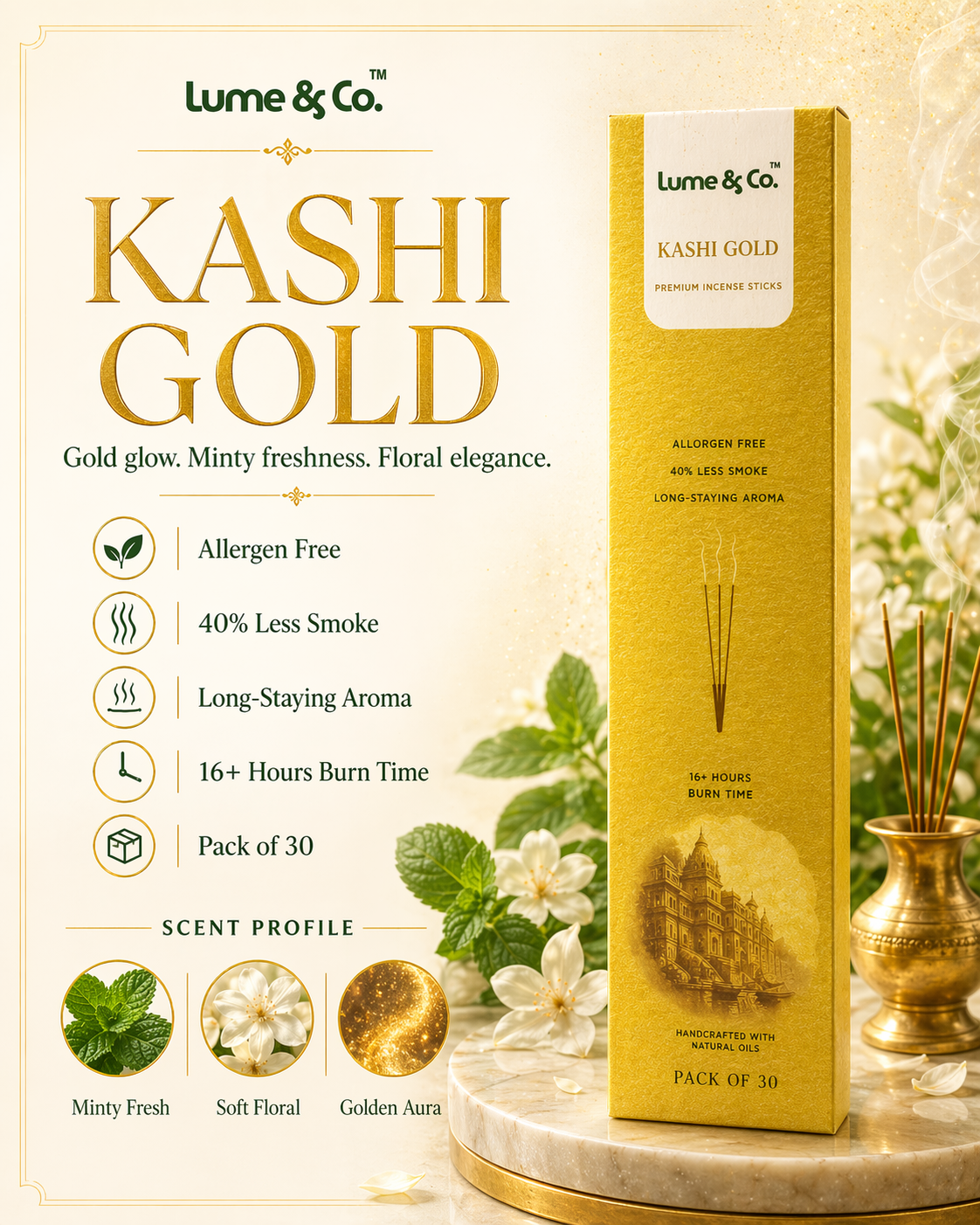 Kashi Gold Räucherstäbchen – Heiliger Blumenduft inspiriert von den Ghats von Varanasi | Premium Langzeitbrenner Agarbatti – 30er Pack