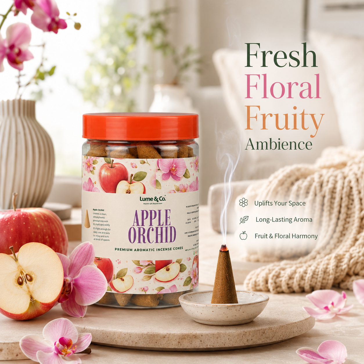 Apple Orchid Dhoop Cones Jar | Fruity Floral Incense Cones for Pooja, Meditation & Home Fragrance | Lume & Co.
