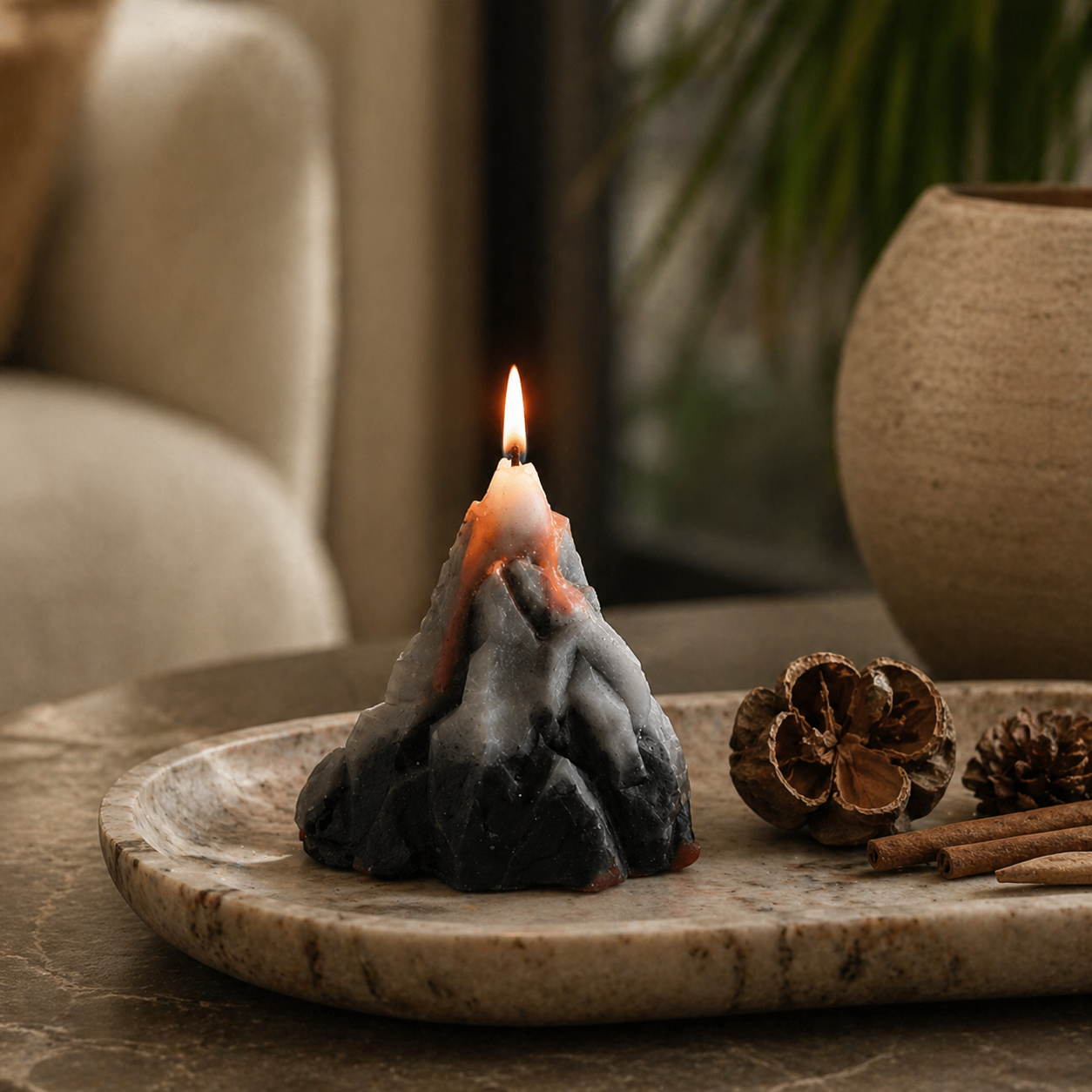 Decorative candle with a mountain-like design on a stone surface with pine cones and cinnamon sticks.