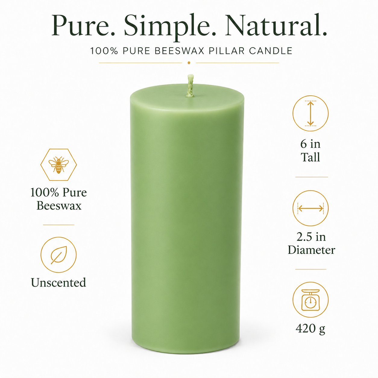 Luxury Ivory Natural Beeswax Pillar Candle | 2.5x6 Inch | Long Burn upto 60 hrs