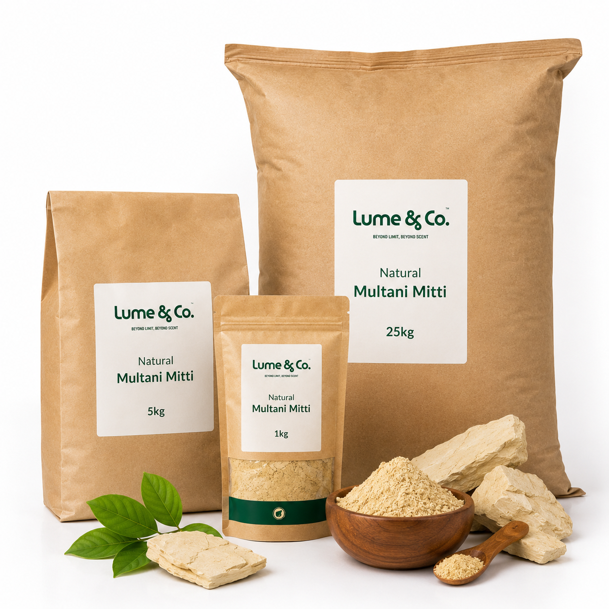 Lume & Co. Natural Multani Mitti packaging in various sizes with a bowl of powder and multani mitts on a white background.