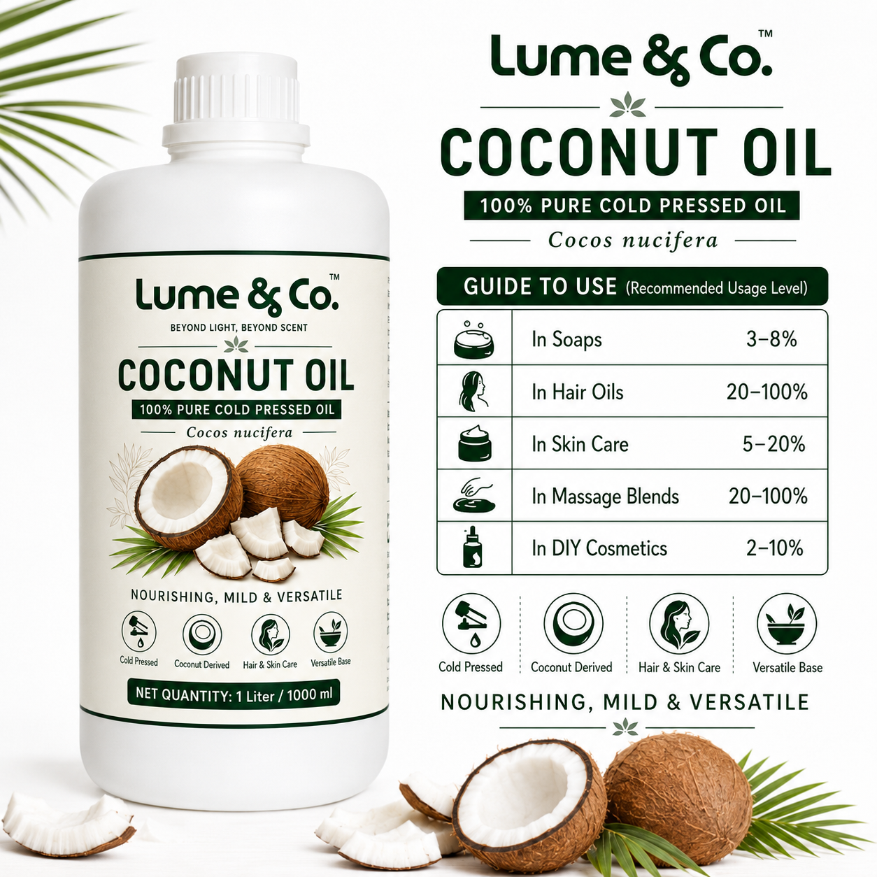Lume & Co. 100 Natural Coconut Cold Pressed Oil | Pure Natural Coconut Oil for Food, Skin, Hair, Soap & DIY Formulations
