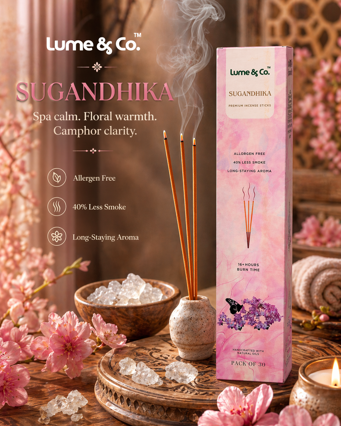 Lume & Co. Sugandhika Premium Räucherstäbchen (30er-Pack) | Lang anhaltender blumig-holziger Duft