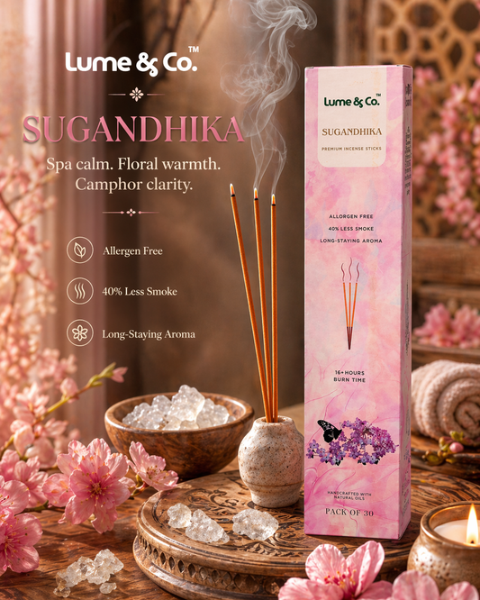 Lume & Co. Sugandhika Premium Incense Sticks (Pack of 30) | Long Lasting Floral Woody Fragrance